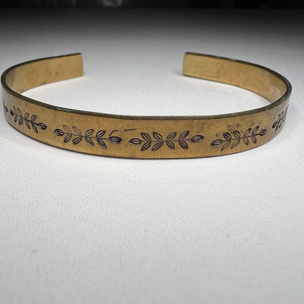 Vintage Copper Or Brass Cuff Bracelet‎ Engraved Leaf Pattern Open Design